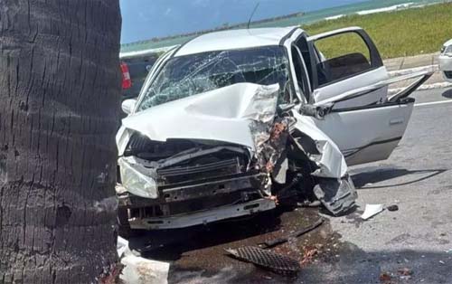 Colisão na orla de Maceió deixa motorista preso às ferragens após acidente com coqueiro