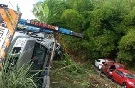 Caminhão-cegonha perde o controle e tomba na BR 101