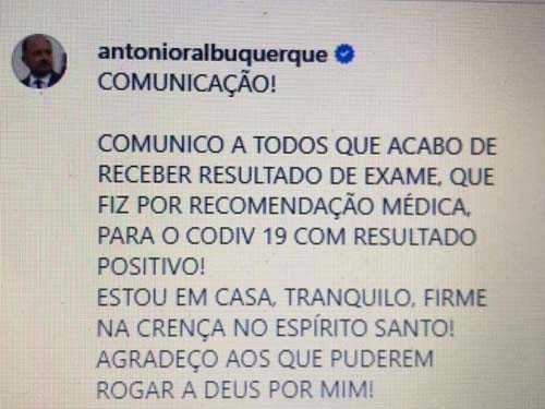 Deputado Antonio Albuquerque anuncia que está com coronavírus