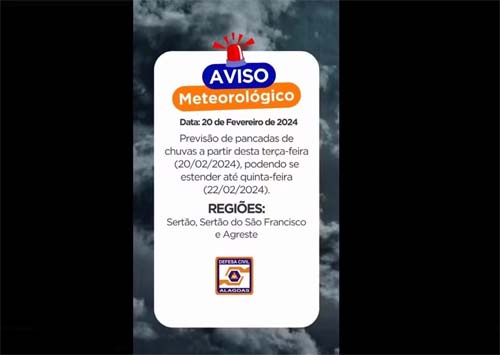 Alagoas tem alerta de chuvas com risco de destelhamentos, alagamentos e deslizamentos