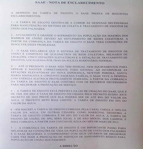 SAAE de União esclarece a comunidade via redes sociais cobrança de Tarifa de Esgotos anunciada esta semana