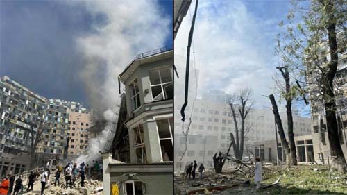 Corrente humana procura sobreviventes em hospital infantil de Kiev, atingido por ataque russo