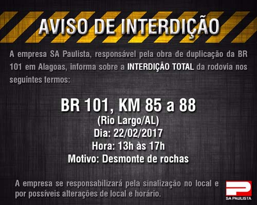 Polícia Rodoviária Federal informa interdição de trecho da BR-101 em Rio Largo
