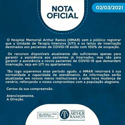 Hospital Arthur Ramos atinge ocupação máxima para pacientes com Covid-19